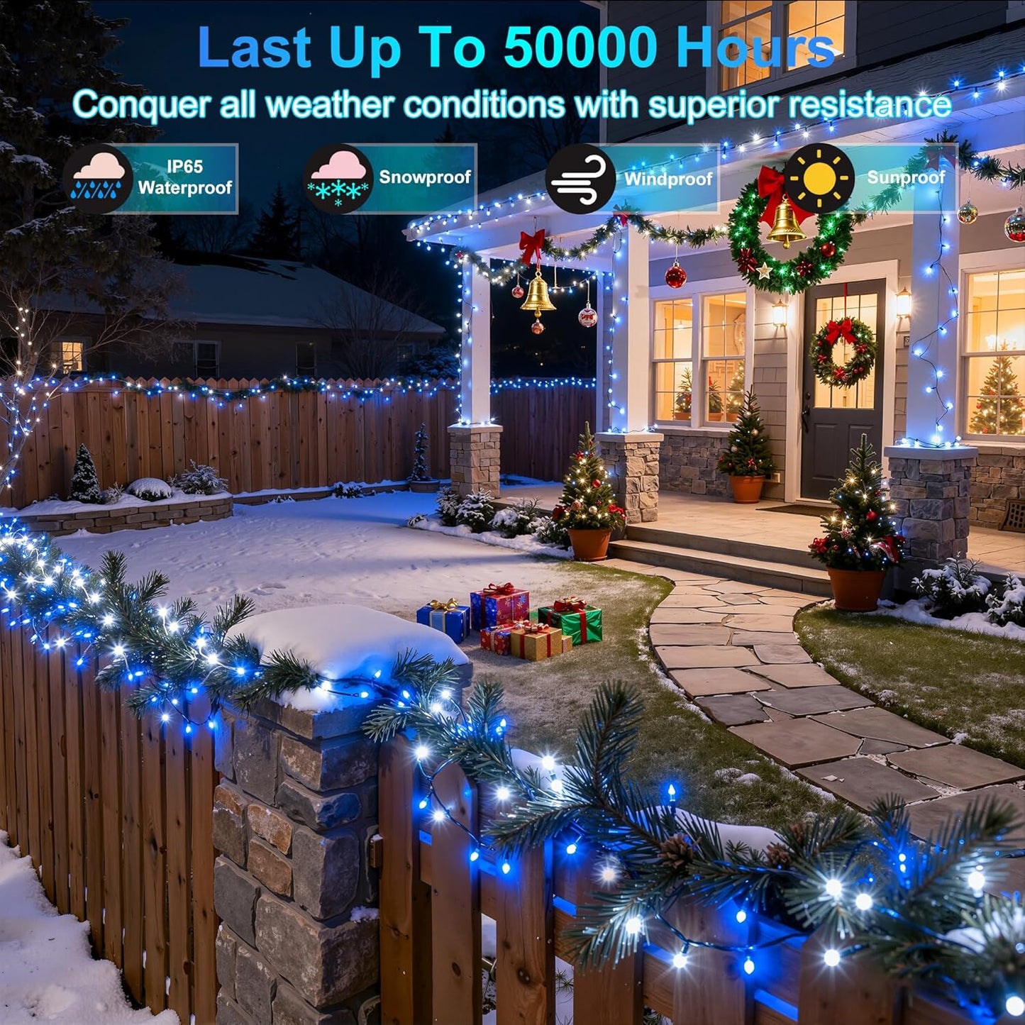 750LED Christmas Lights Outdoor Use, 240ft 12 Modes Blue and Cool White LED String Lights with Timer Dimmable, Waterproof Christmas Tree Lights for Xmas Patio Yard Fence Balcony Garden Decor