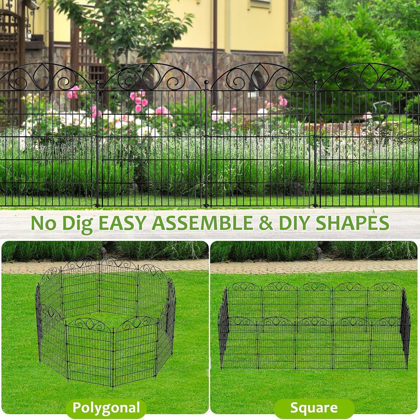 10 Panels No Dig Decorative Garden Fence Panel – 28" H X 19.6' L Rustproof Metal Dog Fence Outdoor for Yard, Animal Barrier Fence for Pet, Garden Border, Patio, Flower Beds| Temporary Fencing