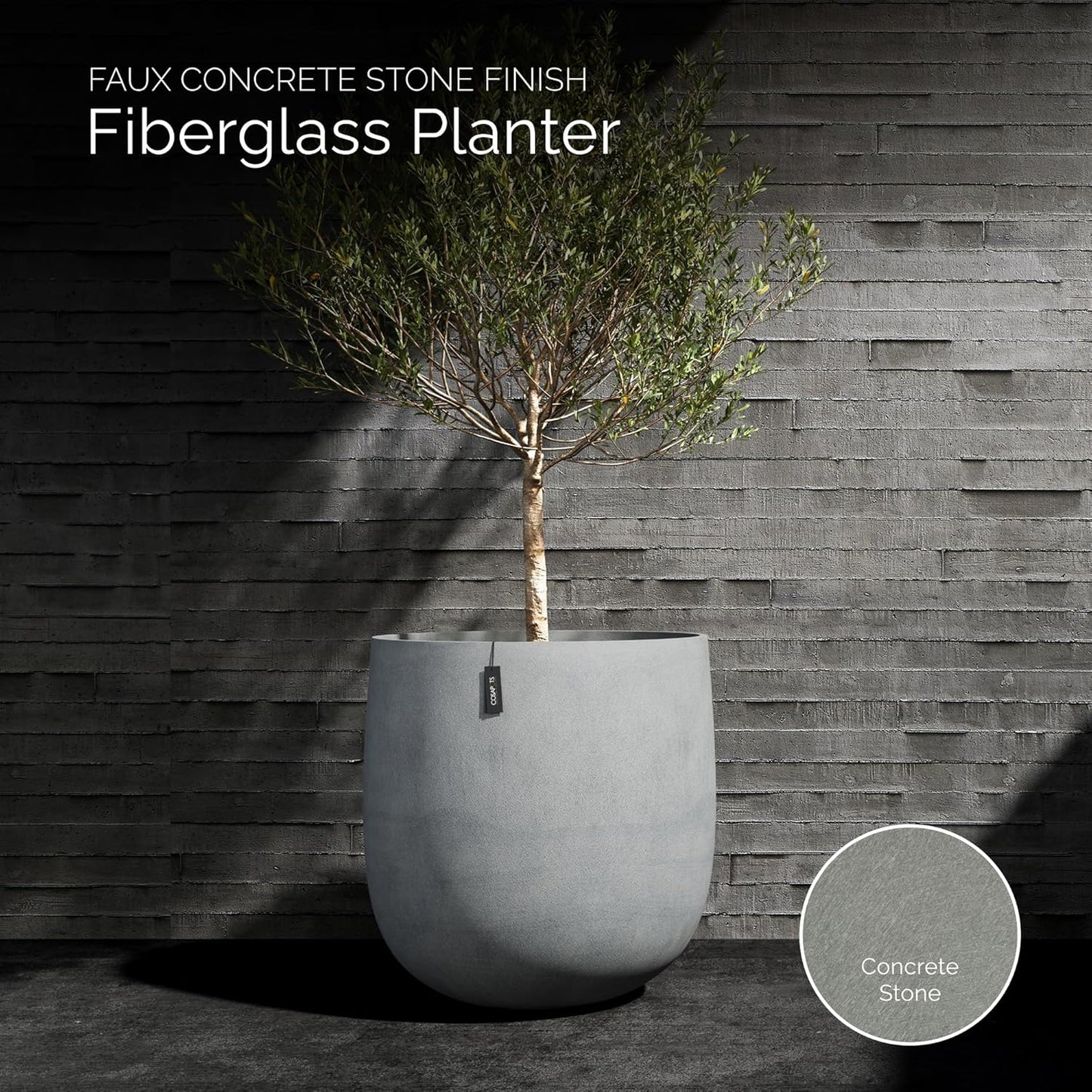 Mondo Large Planter – Concrete Stone Finish – Fiberglass Indoor/Outdoor and Weather-Resistant Round Planter (19.7" D x 19.1" H Exterior, 18.5" D x 18.5" H Interior)