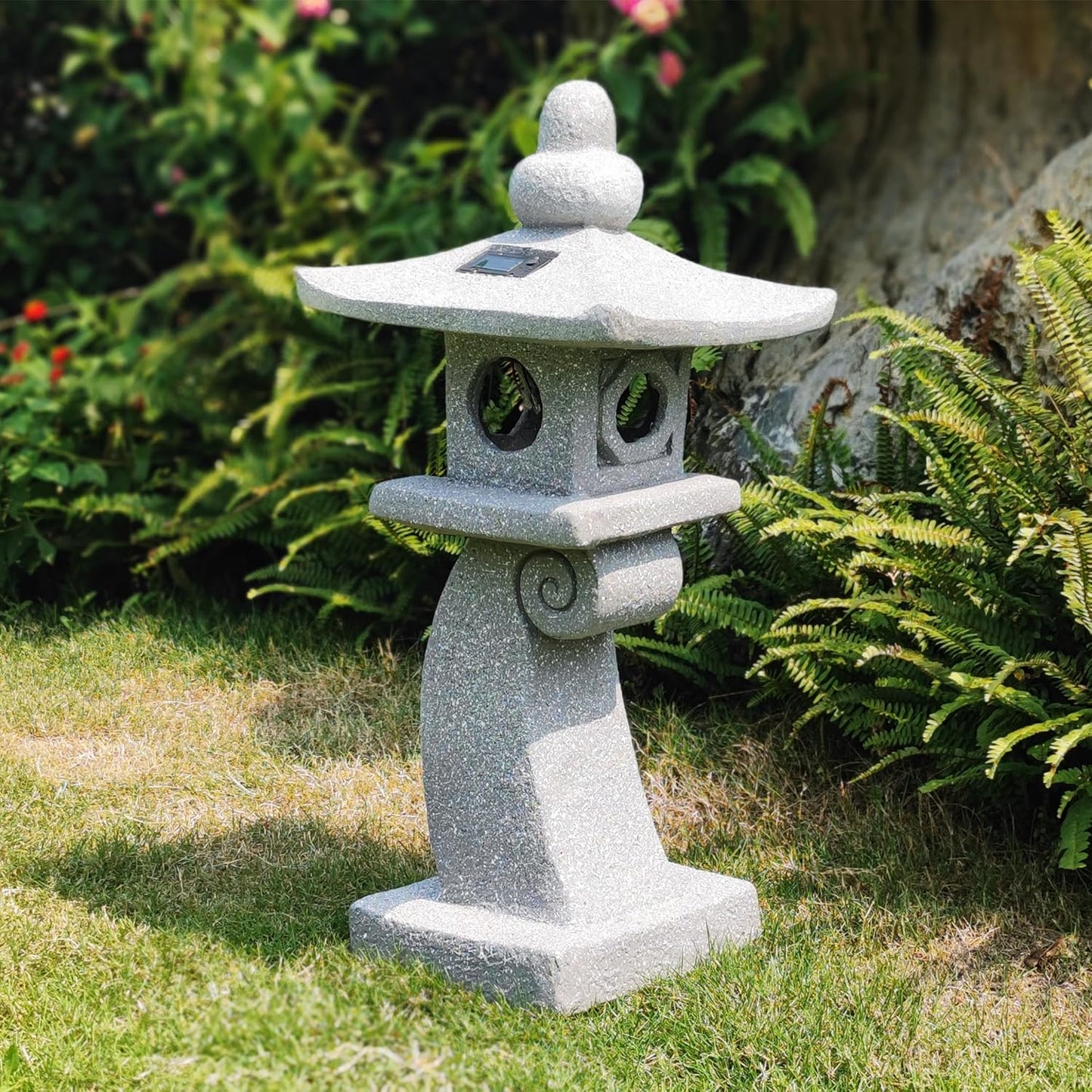 ZOEJADE 28" H Large Solar Zen Asian Pagoda Lantern Garden Outdoor Statue Japanese Palace Lantern with Solar Light for Lawn Yard Pond Patio Temple Court Decor Meditator Stylite Garden Figurines
