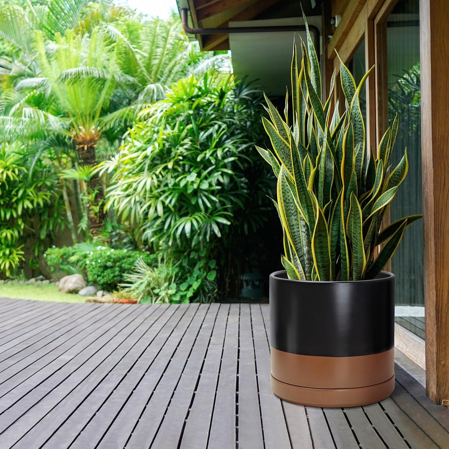 D'vine Dev 14 Inch Ceramic Planter Pot with Drainage Hole and Saucer, Indoor Cylinder Round Planter Pot, Black/Speckled Tan, 94-O-G-7