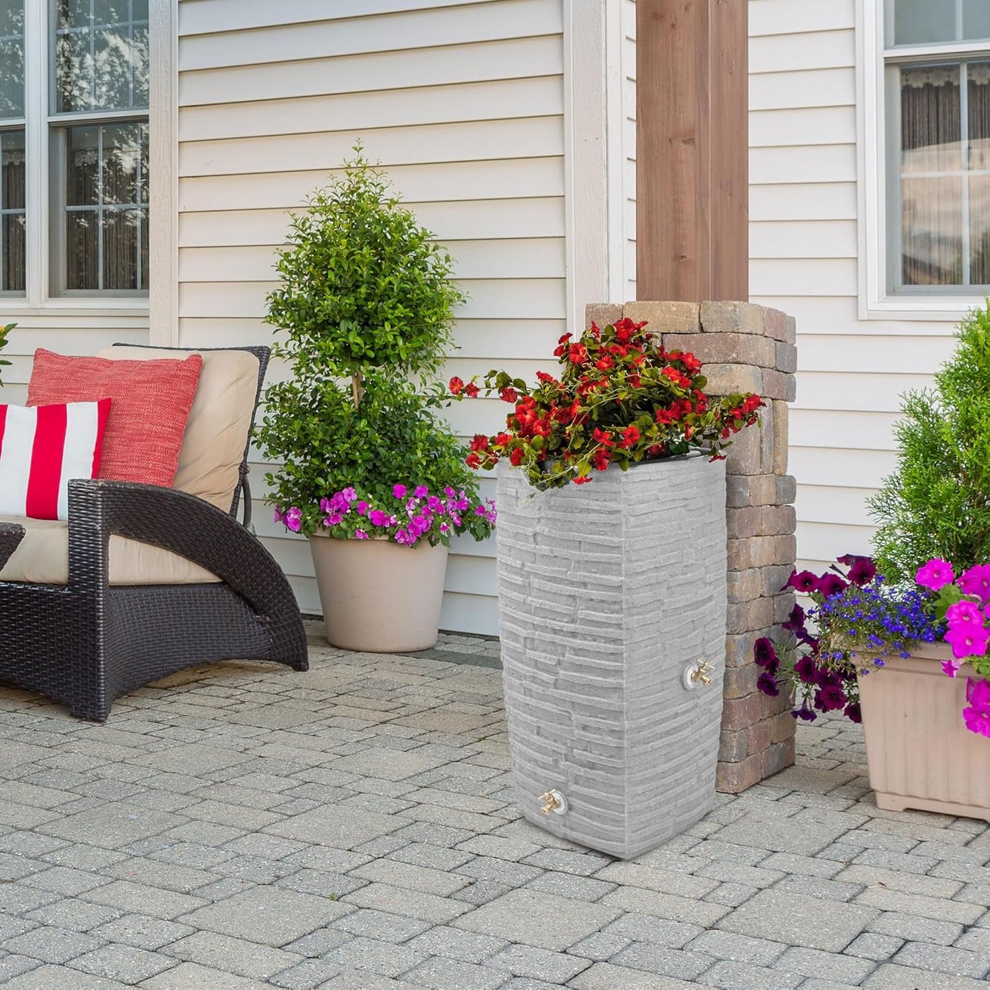 Good Ideas Rain Barrel, Faux Slate Riverwalk w/ 2 Brass Spigots, 50-Gal, Light Granite
