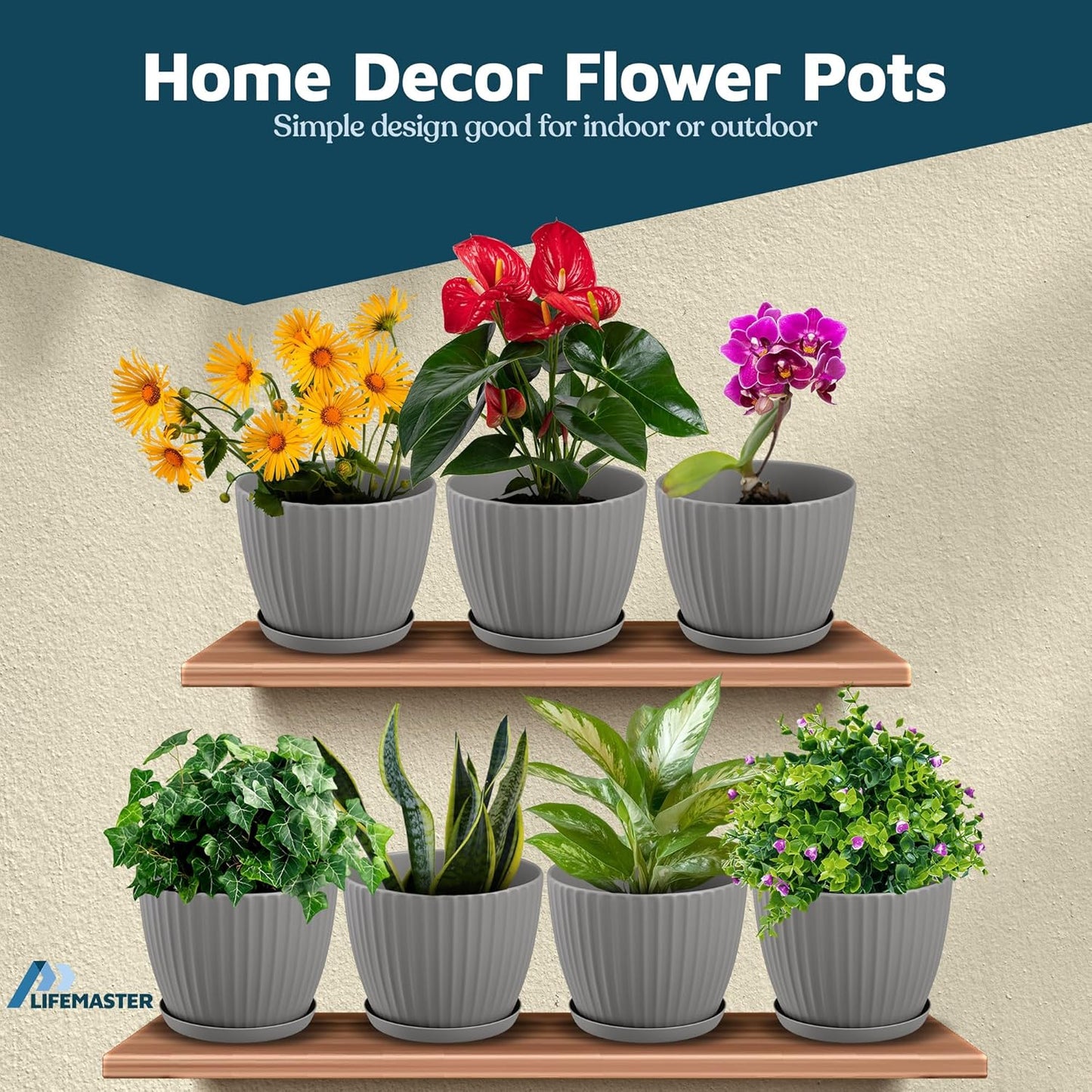 Gray 6-Inch Plant Pots with Drainage & Saucers 12 Pack, Indoor & Outdoor Planters for Houseplants, Herbs, and Flowers, Durable & Weatherproof Material, Stackable, Lightweight, Minimalist Design