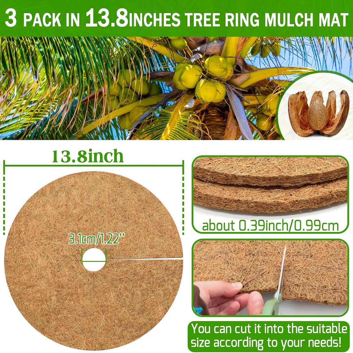 ZeeDix 3 Pack 14 Inch Coconut Fiber Mulch Ring, 100% Natural Coco Coir Tree Ring Mulch Mat Plant Protector Mat, Coconut Coir Discs Plant Pot Soil Cover for Indoor Outdoor Plants, Garden Decoration
