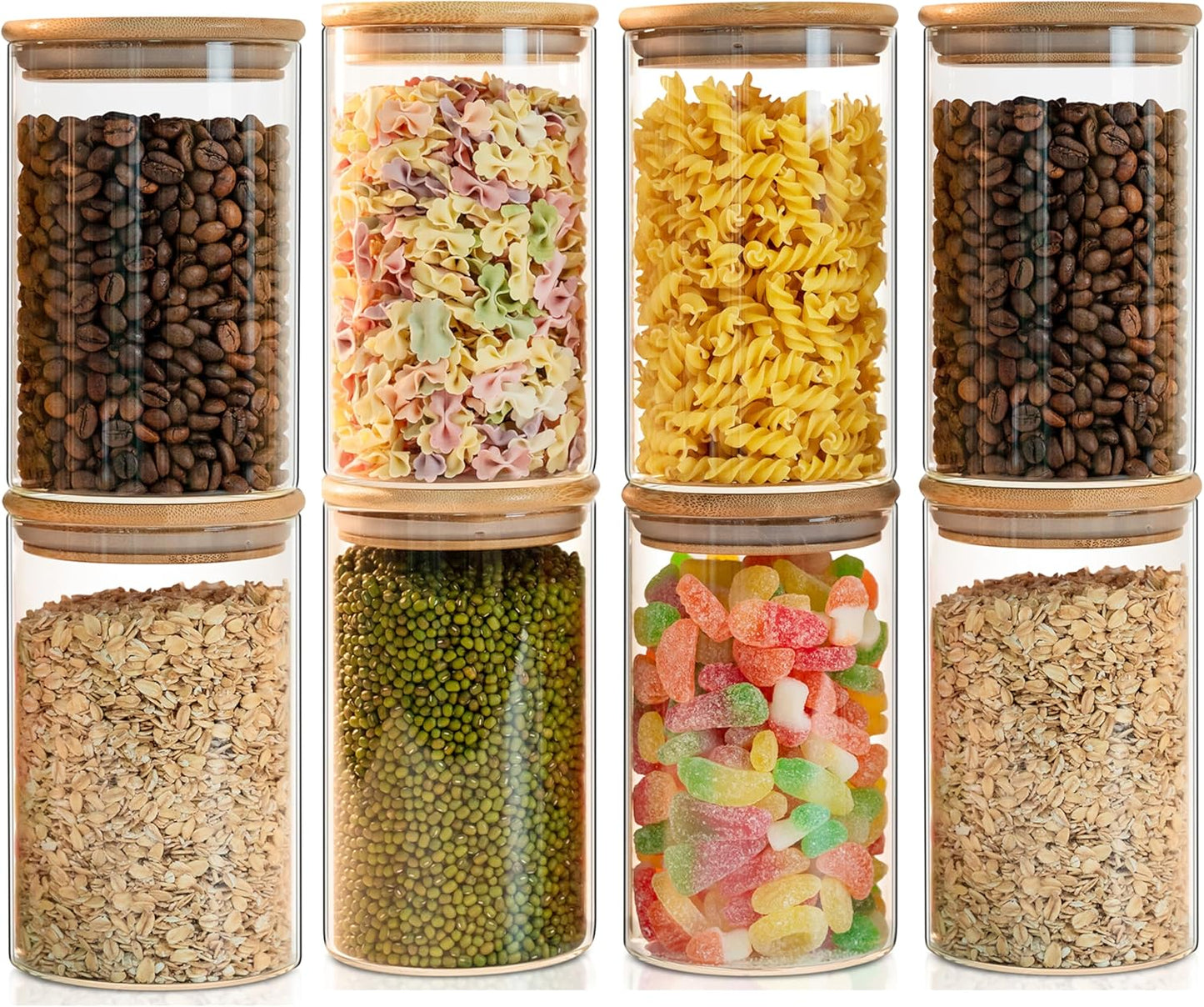 Glass Food Storage Jars Set of 8,26oz-Glass Storage Containers Clear Glass Food Canister with Bamboo Lid Airtight For Serving Tea, Coffee, Flour,Candy, Cookie, Spice(Round-80CMx150CM)