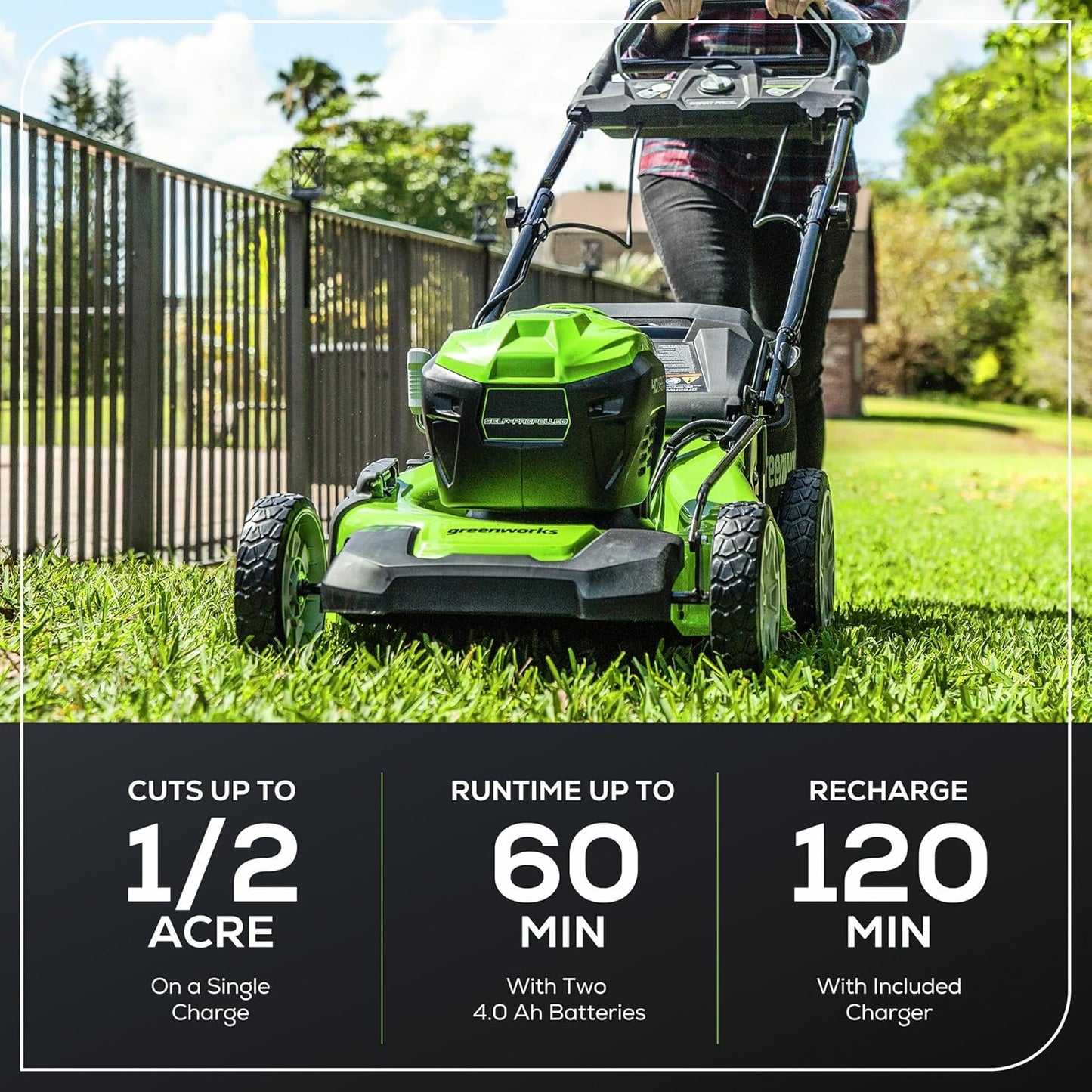 Greenworks 40V 21" Brushless Cordless (Smart Pace / Self-Propelled) Lawn Mower (75+ Compatible Tools), (2) 4.0Ah Batteries and Charger Included