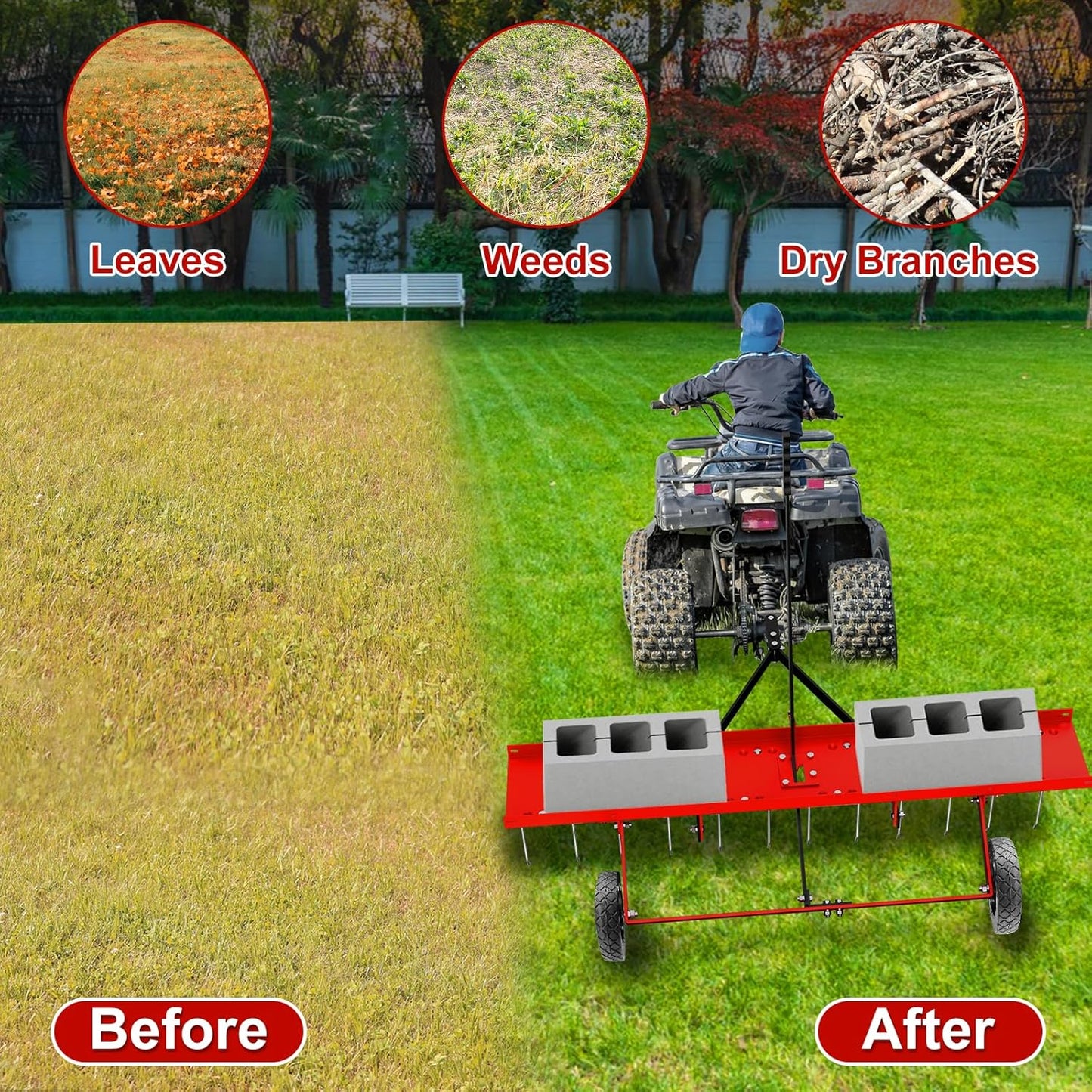 48inch Tow Behind Dethatcher with 24 Spring Steel Tines, Lawn Tractor Rakes with Lift Handle, Tow Behind Rake to Remove Thatch, Riding Lawn Mower Attachments for Outdoor Yard Tools Lawn Care