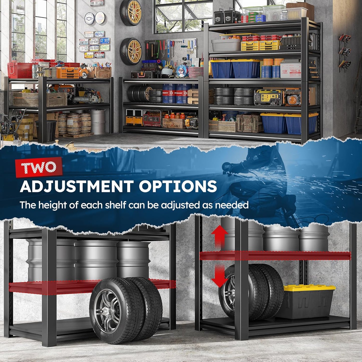 REIBII Garage Shelving 3000 LBS Storage Shelves Adjustable Heavy Duty Shelving Units and Storage Rack for Garage, Basement,2 Pack