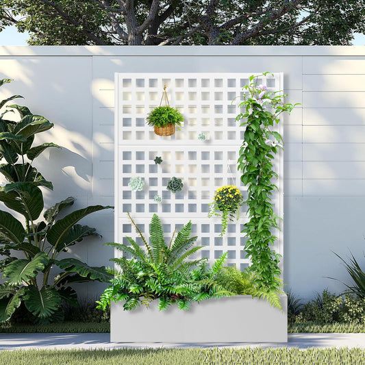 Metal Raised Garden Bed with Trellis, 2 in 1 Trellis with Planter Box & Privacy Screen for Climbing Plants, Vine, Outdoor Standing Flower Beds with Drainage Holes, 47.2"L x 16.7"W x 70.8"H, White