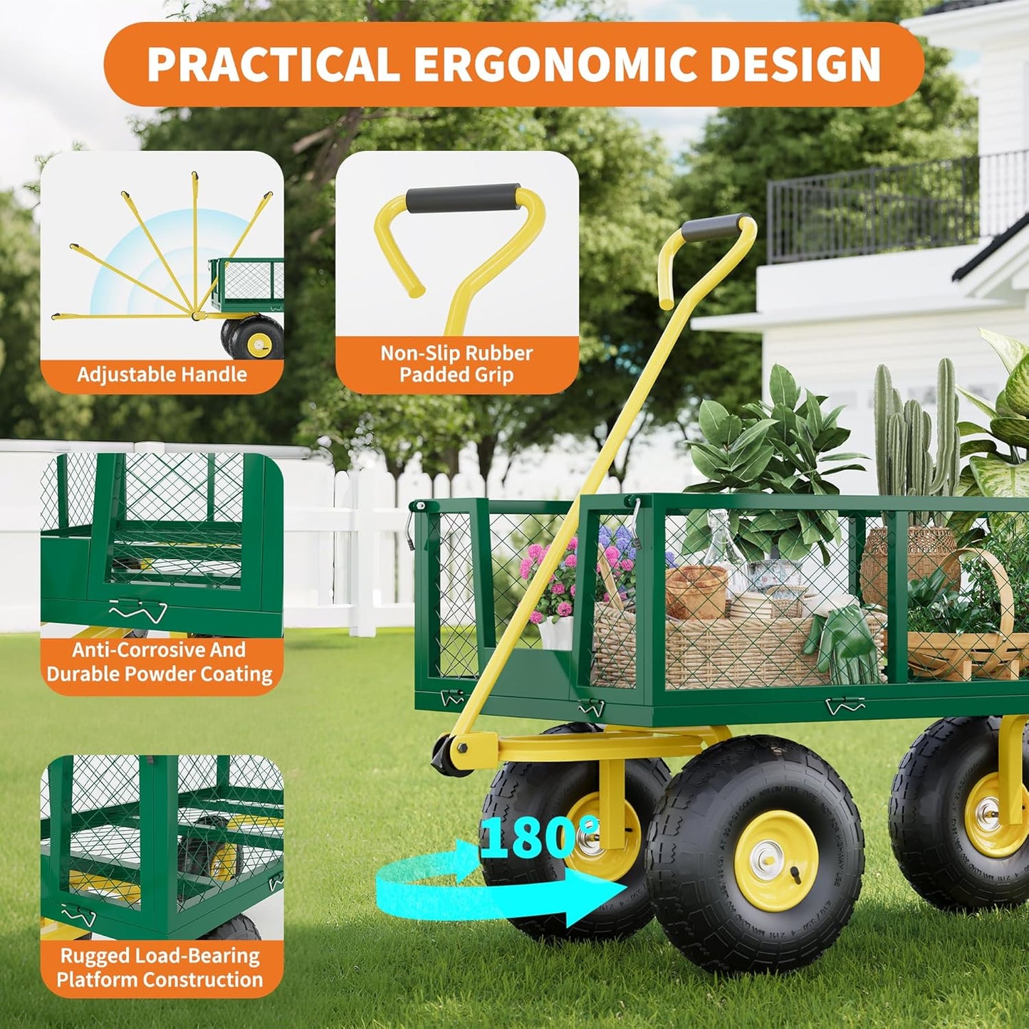 500 Lbs Garden Wagon, 2-in-1 Heavy-Duty Steel Garden Cart, with 10 Inch All-Terrain Tires and Removable Mesh Side Panels, 180° Rotating Handle, Metal Multi-Function Carts, Outdoor Gardens Wagon Cart