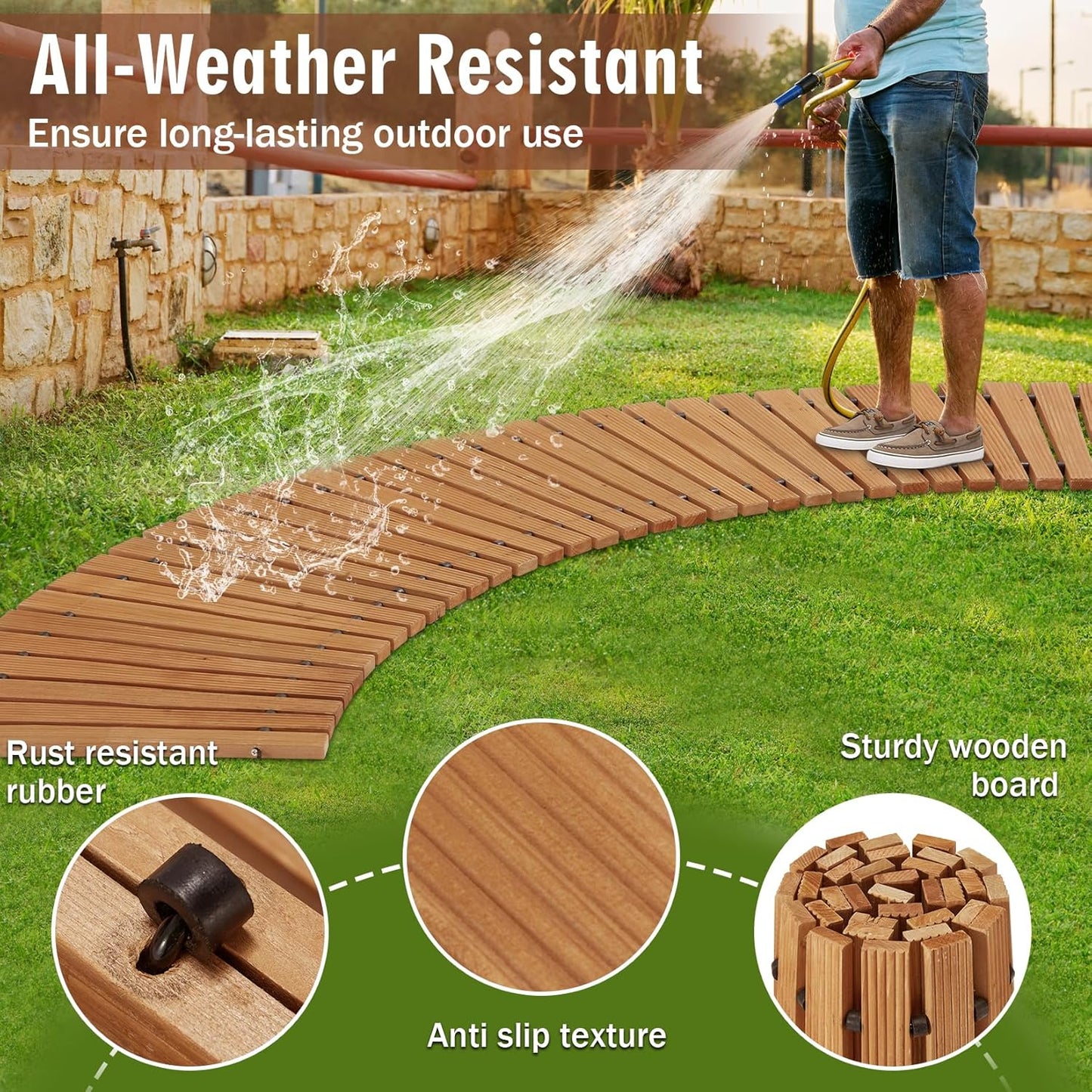 6FT Wooden Garden Pathway,Outdoor Roll Out Decorative Curved Walkway,Weather-Resistant Patio Path,Non-Slip Pavers Boardwalk for Garden, Backyard, Beach, Wedding Party Pathways