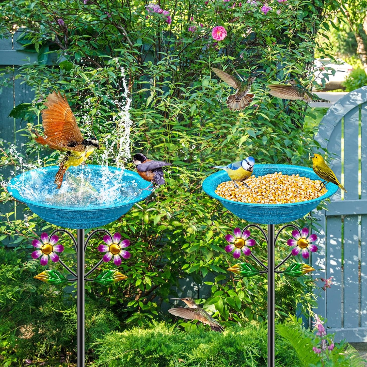 Metal Bird Bath for Outside Garden Birdbath Bowl, Freestanding Bird Feeders for Outdoors with 5 Prongs Base Stake, Standing Birdfeeders Bath Bowl for Yard Decor (Retro Blue)