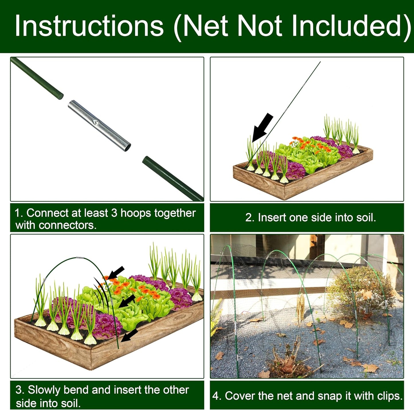 PHYEX Garden Hoops Greenhouse Hoops for Row Covers & Raised Beds, Rust-Free Fiberglass Frame, DIY Adjustable Garden Tunnel with Clips for Plant Covers, Netting, & Frost Protection, 30pcs