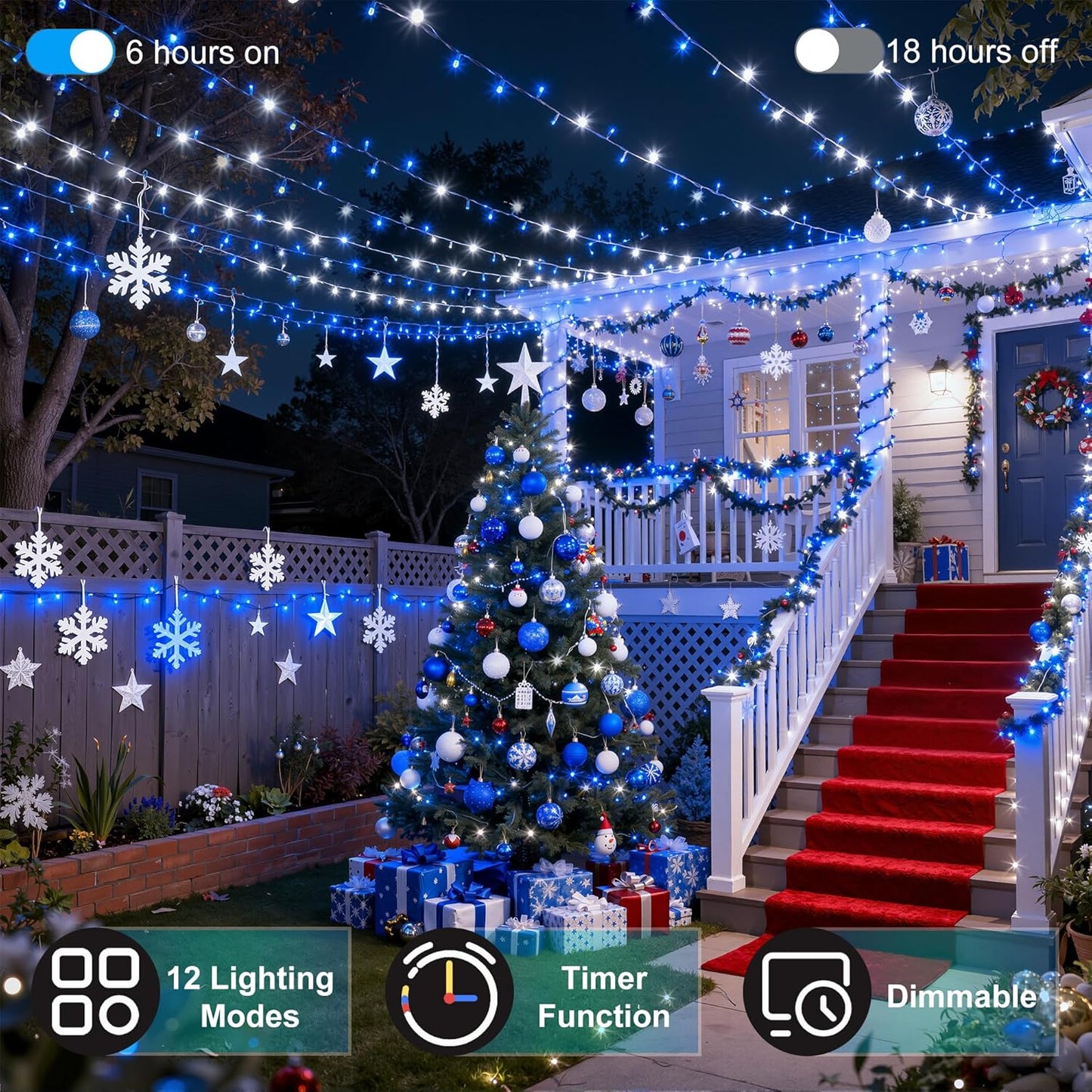 1500LED Christmas Lights Outdoor Use, 470ft 12 Modes Blue and Cool White LED String Lights with Timer Dimmable, Waterproof Christmas Tree Lights for Xmas Patio Yard Fence Balcony Garden Decor