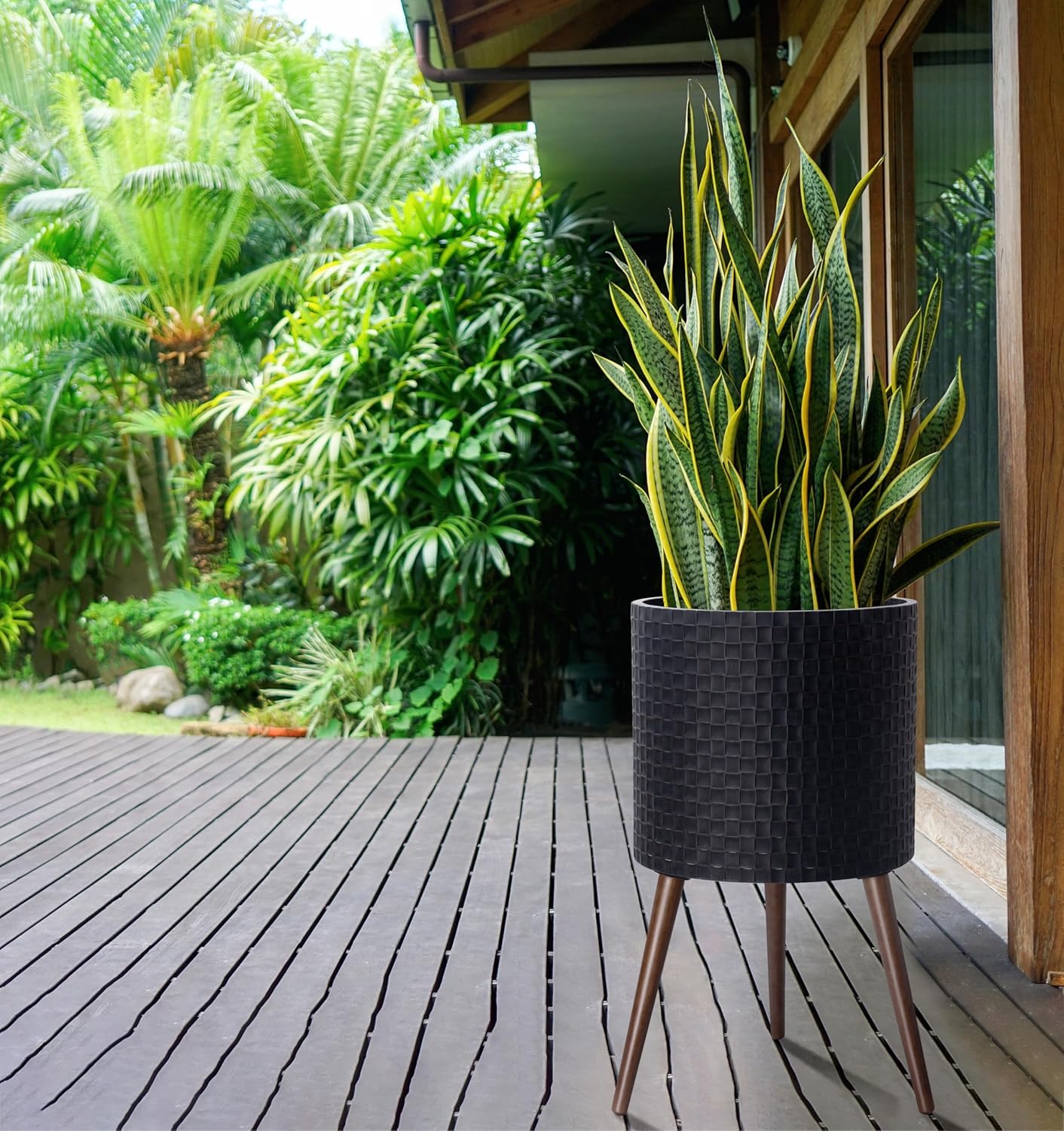 D'vine Dev 16 Inch Modern Geometric Tile Patterned Sleek Planter Pot with Stand, Indoor Outdoor Decorative Plant Holder, Distressed Black, 88-Z-E-5