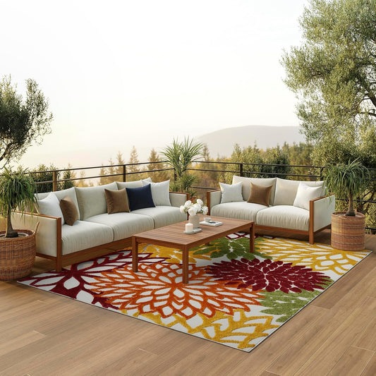 Nourison Home Aloha Indoor/Outdoor Red Multi Colored 9'6" x 13' Area Rug, Tropical, Botanical, Easy Cleaning, Non Shedding, Bed Room, Living Room, Dining Room, Deck, Backyard, Patio (9x13)