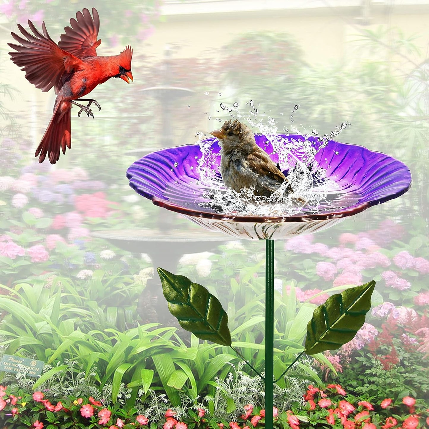 Glass Bird Baths for Outdoor, Garden Birdbath Bird Feeders Hydrangea Decor Birdfeeder with Metal Stake for Garden, Yard, Lawn, Courtyard