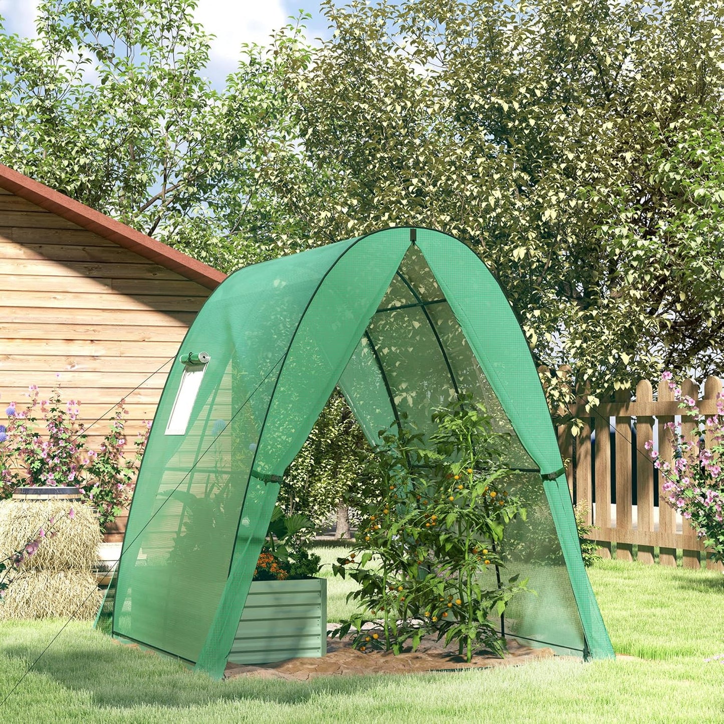 Outsunny 6' x 6' x 6.6' Hoop House Greenhouse with Sandbags and Hemmed PE Cover, Walk-in Tunnel Green House with 2 Doors and Screen Windows, Portable Greenhouse Gardening Plant Hot House, Green