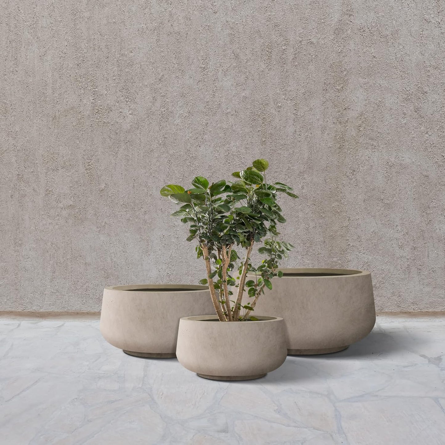 Kante 21.6",16.9",and 12.5" Dia Round Weathered Concrete Elegant Planters (Set of 3), Outdoor Indoor Garden Plant Pot with Drainage Hole and Rubber Plug for Home & Patio