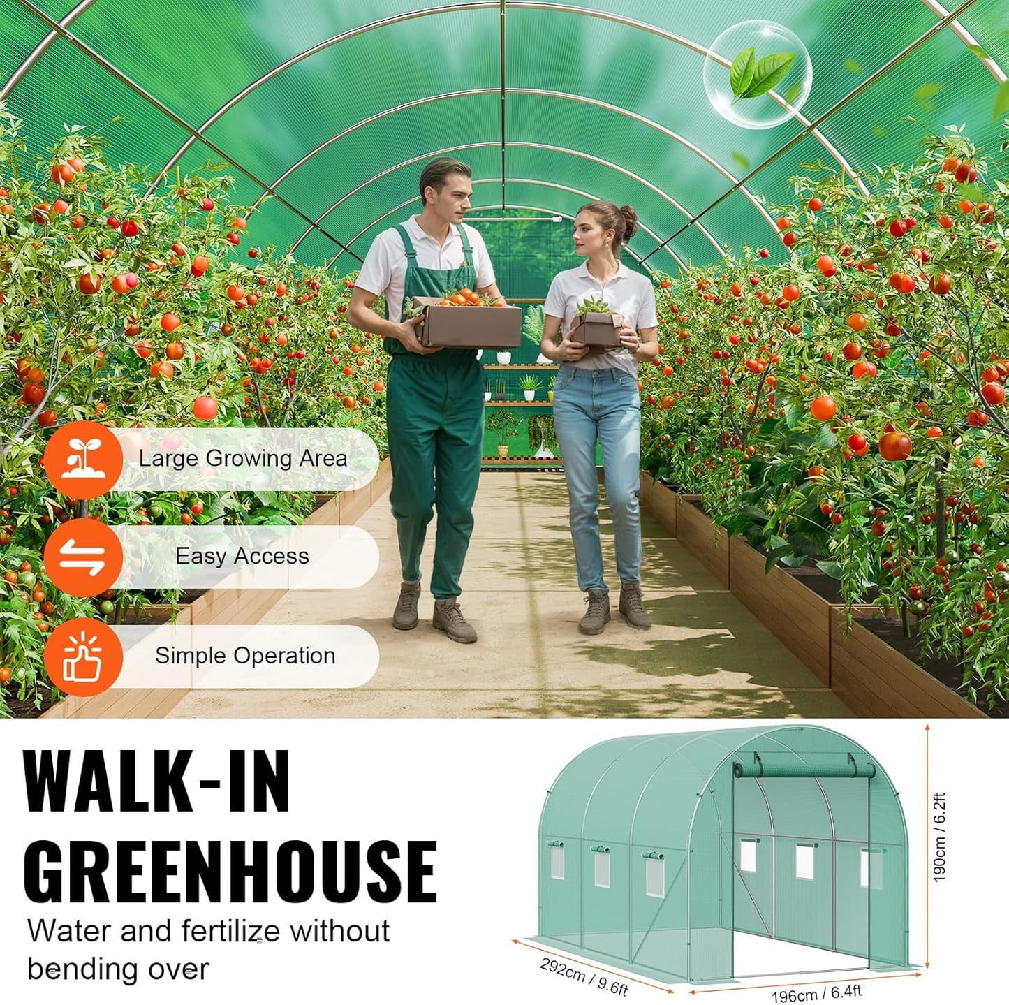 VEVOR Walk-in Tunnel Greenhouse, 9.6x6.4x6.2 ft Hoop House Greenhouse Tunnel, Plant Hot House with Galvanized Steel Frame, Green PE Cover, Roll-up Zipper Door and 6 Windows for Outdoor