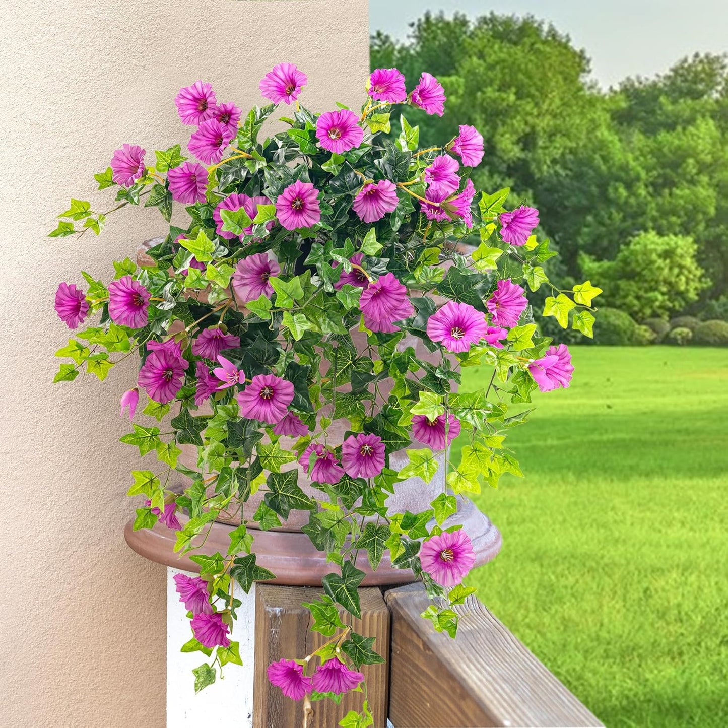 Artificial Petunias Hanging Flowers for Outdoors Uv Resistant Fake Petunias Plants Hanging Flower Patio Decor Outside Basket Realistic Silk Petunias Plant (with Pot Purple 2 PCS)