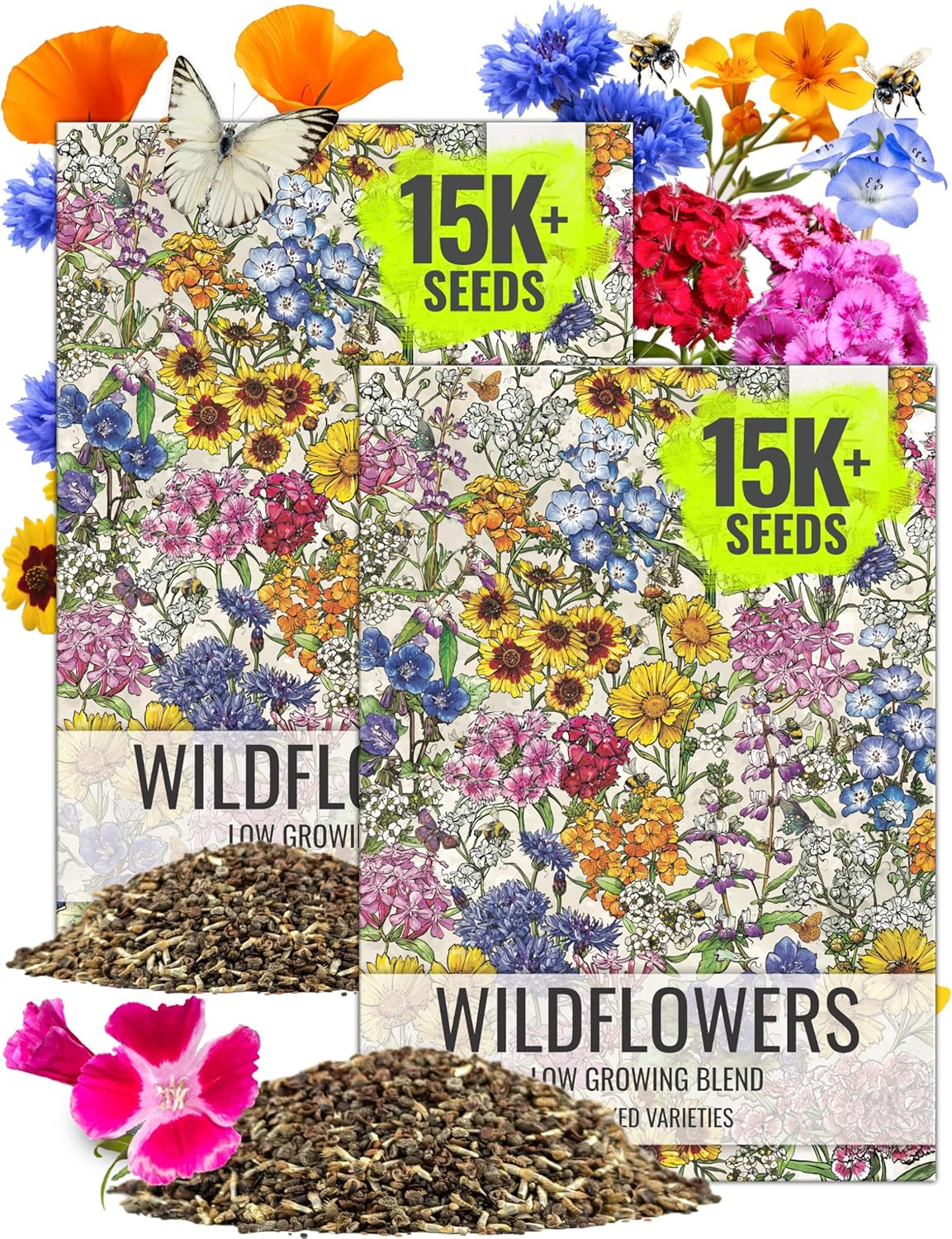 Seed Needs Low Growing Wildflower Flower Seeds for Planting | 2 Packs (1 Ounce Each) Mixture/Blend 17 Varieties | Resealable Package Multicolored Blooms Open Pollinated Mixed Species | Bulk