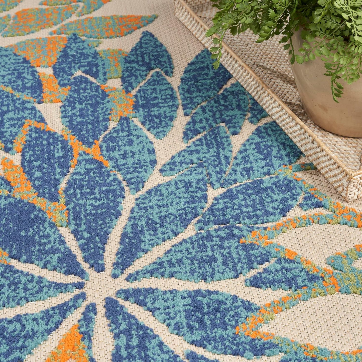 Nourison Home Aloha Indoor Outdoor Blue Green 3'6" x 5'6" Area Rug, Easy Cleaning, Non Shedding, Bed Room, Living Room, Dining Room, Backyard, Deck, Patio (4x6)