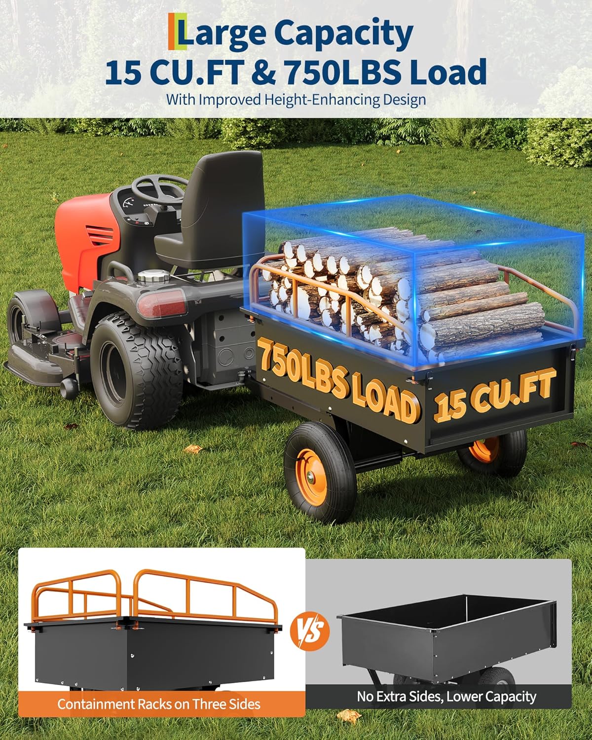 Heavy Duty ATV Trailer Steel Dump Cart, 750 LBS 15 Cubic Feet, Garden Utility with Removable Sides for Riding Lawn Mower Tractor