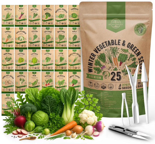 Organo Republic 25 Winter Vegetable & Green Seeds Variety Pack for Outdoors & Indoor Home Gardening 27670+ Non-GMO Heirloom Seeds: Broccoli Beet Carrot Collard Lettuce Radish Spinach Pea Kohlrabi