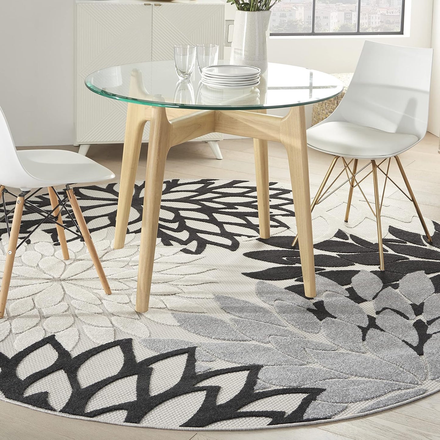 Nourison Aloha Indoor/Outdoor Black White 7'10" x Round Area Rug, Tropical, Botanical, Easy Cleaning, Non Shedding, Bed Room, Living Room, Dining Room, Deck, Backyard, Patio (8 Round)