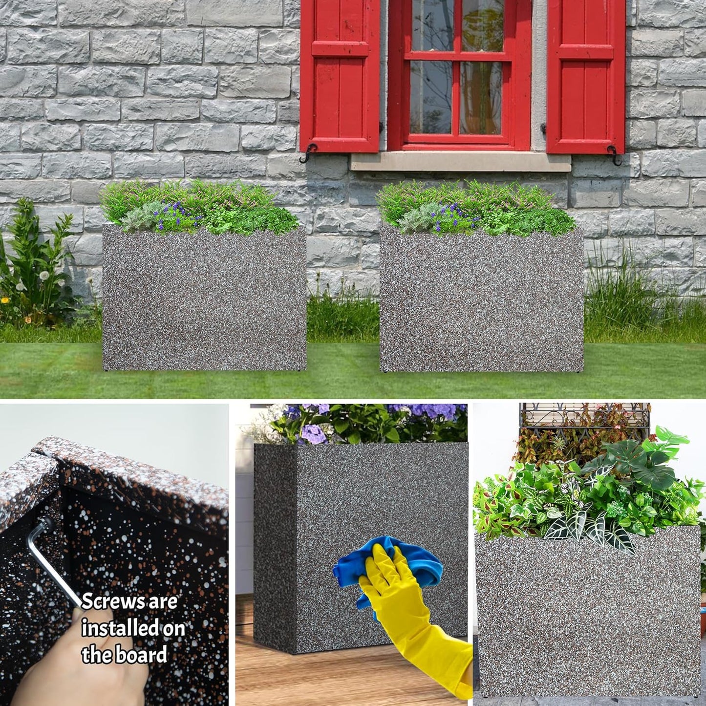 Metal Planter Box Rectangular Planter, 35.5" Lx 10" Wx 28" H Terrazzo Pink Large Planters with Drainage Holes, Galvanized Steel Tall Planters for Patio/Porch