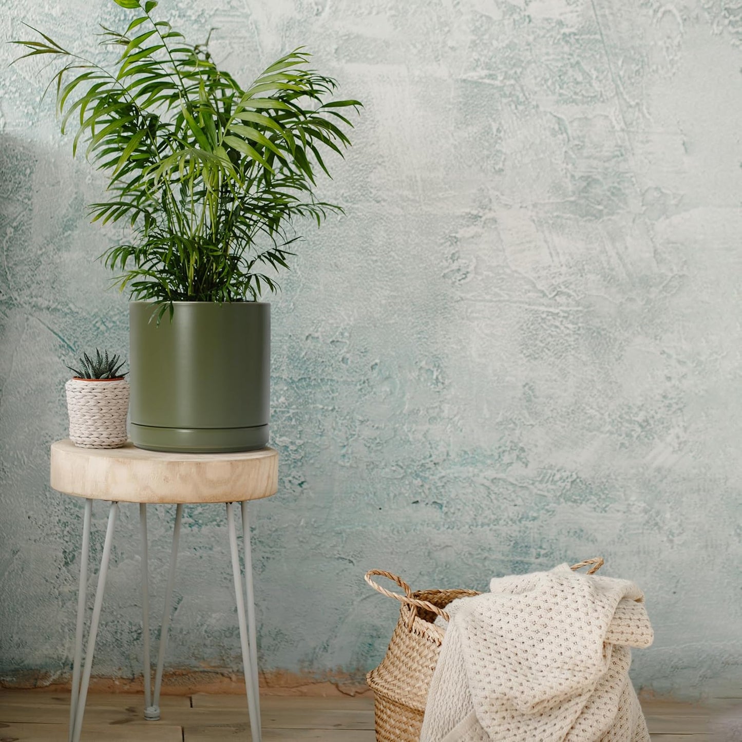 D'vine Dev 8.2 Inch Ceramic Planter Pot with Drainage Hole and Saucer, Indoor Cylinder Round Planter Pot, Olive, 94-O-D-J