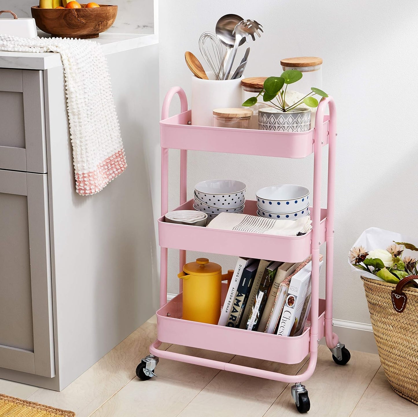 Amazon Basics 3-Tier Rolling Utility or Kitchen Cart, Lockable Wheels, Multifunctional Storage, Dusty Pink