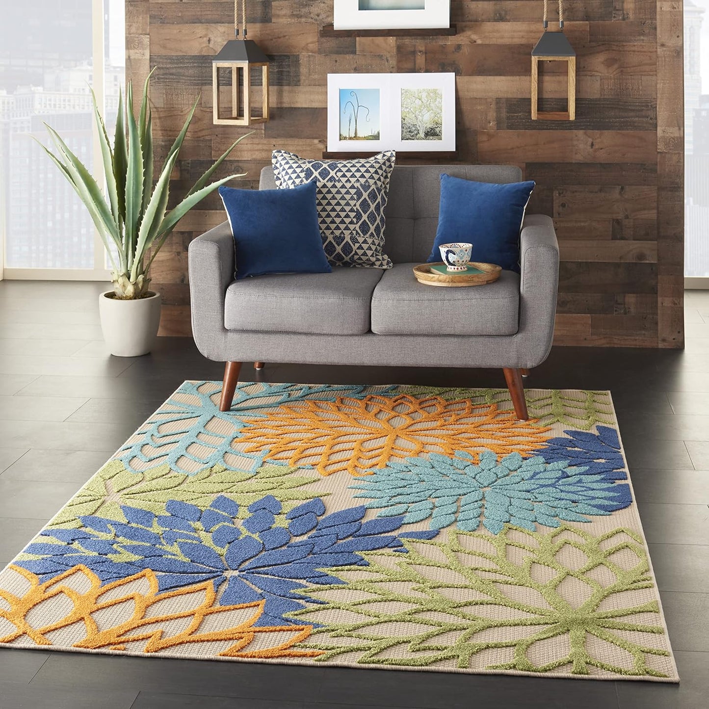 Nourison Aloha Indoor/Outdoor Multicolor 5'3" x 7'5" Area Rug, Tropical, Botanical, Easy Clean, Non Shedding, Bed Room, Living Room, Dining Room, Deck, Backyard, Patio (5x7)