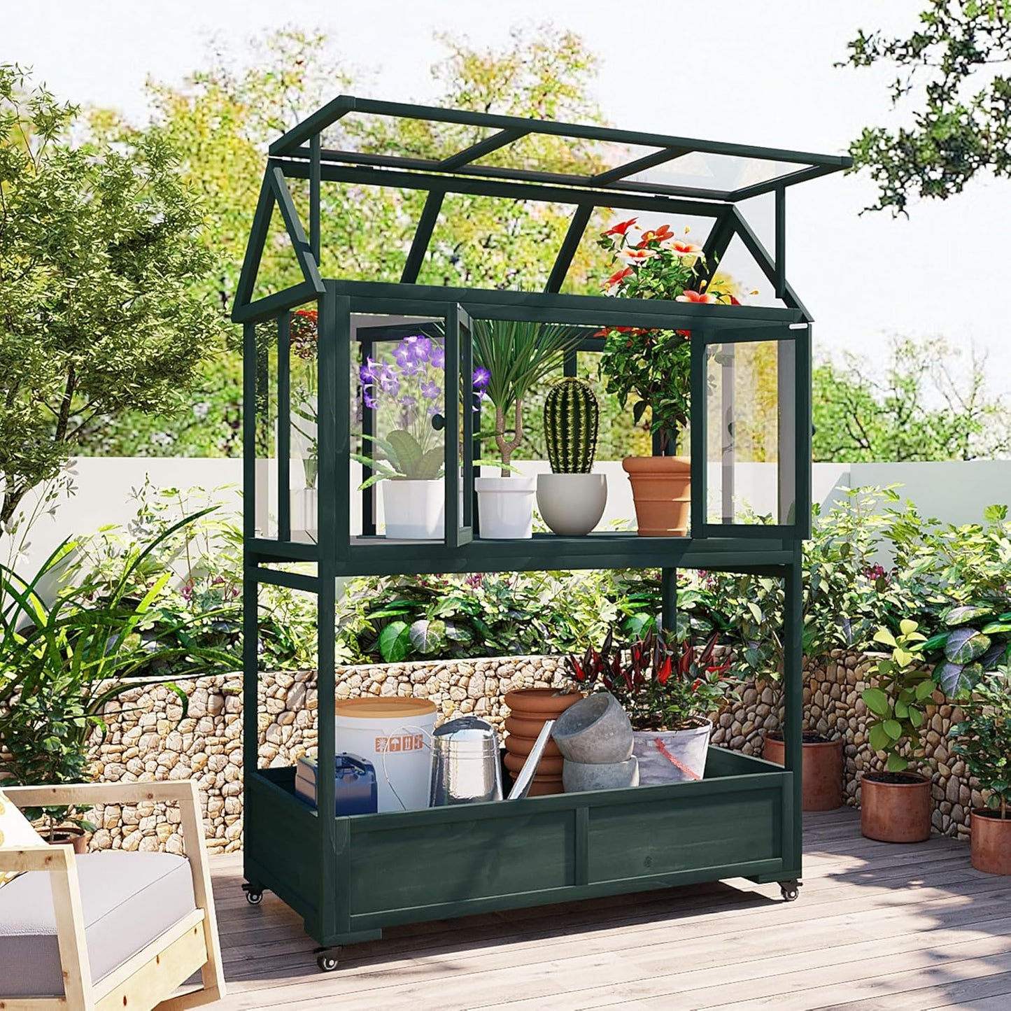 Portable Cold Frame Greenhouse with Wheels , Wooden Mini Greenhouse Cabinet for Gardens & Balconies , Openable Roof Design & Built-in Storage Box ,Easy-to-Move & Durable (Green)