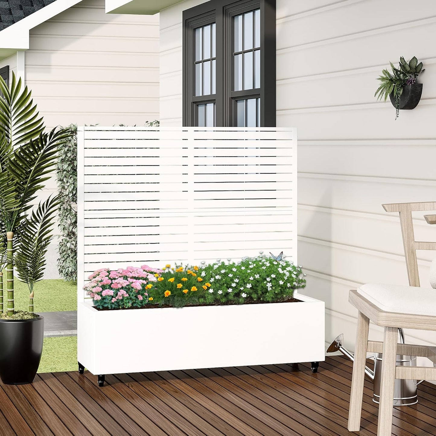 Casaphoria Metal Raised Garden Bed with Trellis and Wheels, 47"x47"x16" Planter Box for Climbing Plants, Vegetables & Vines, Features Drainage Holes and Privacy Screen (White-Louvered)