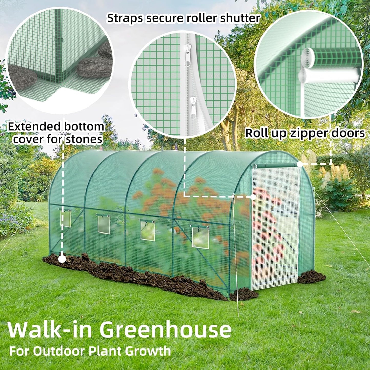 Greenhouses for Outdoors Heavy Duty 15 x 7 x 7 FT Portable Greenhouse for Winter with 8 Ventilated Screen Windows & Rolling Zipper Door & Reinforced Steel Frame Greenhouse Tunnel