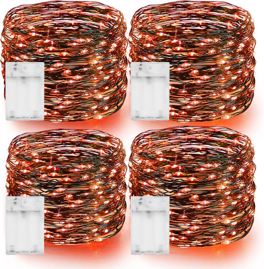 Dazzle Bright Orange Fairy String Lights, 4 Pack Total 80FT 240LED Copper Wire Battery Operated Waterproof Lights, Halloween Decorations for Indoor Home Outdoor Patio Yard Party Decor