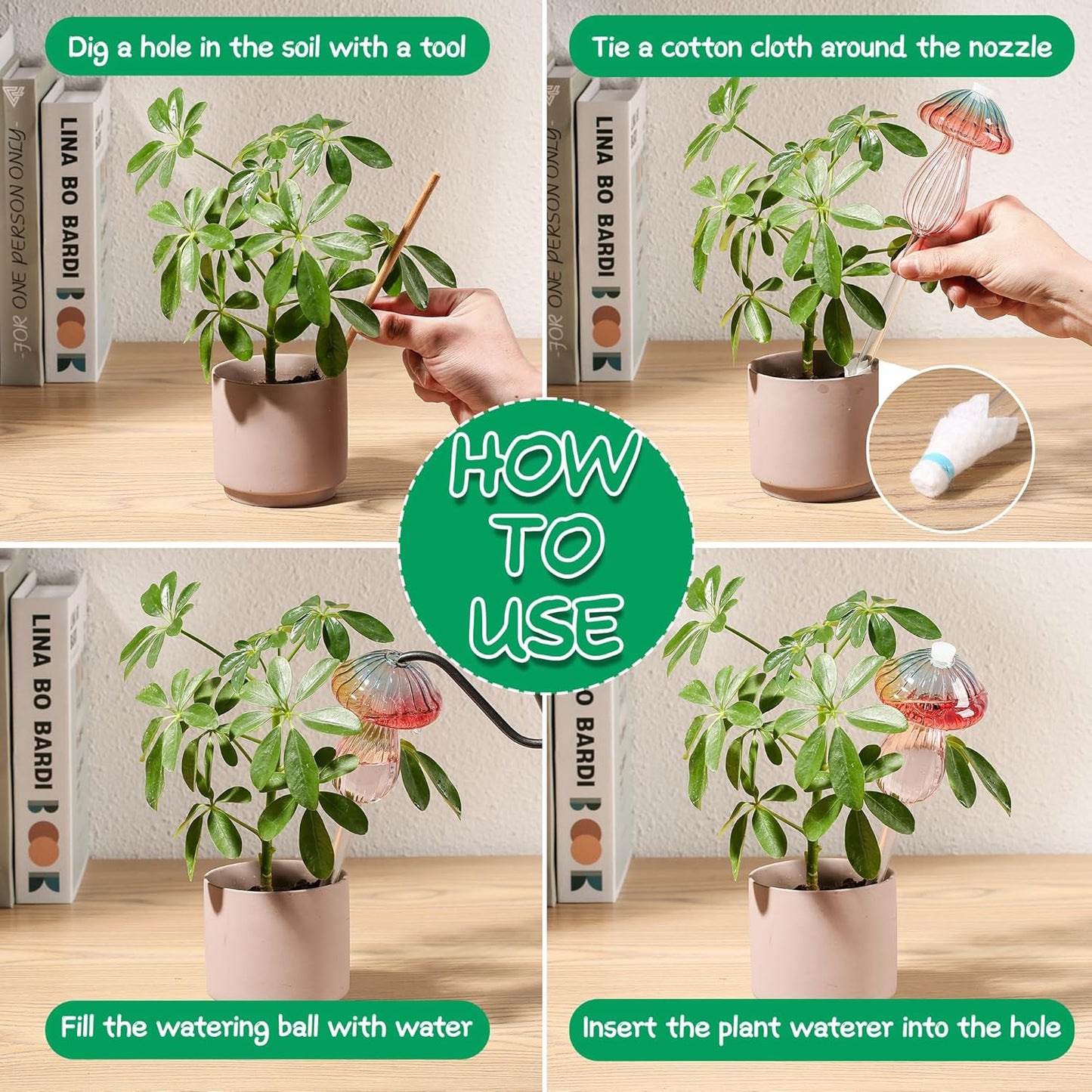 Plant Watering Globes Mushroom, Rainbow Gradient Color Plant Watering Devices, Self Watering Planter Insert, Self Watering Globes - Watering Bulbs for Indoor Plants for Travel Vacation (4 PCS)