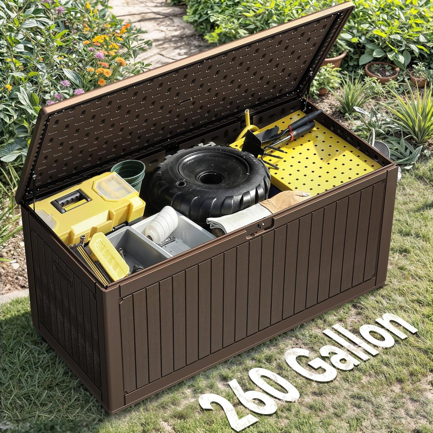 YITAHOME 260 Gallon Double-Wall Deck Box with Divider & Side Handles, Outdoor Large Storage for Patio Furniture Cushions, Garden Pool Accessories, Water Resistant & Lockable, Dark brown