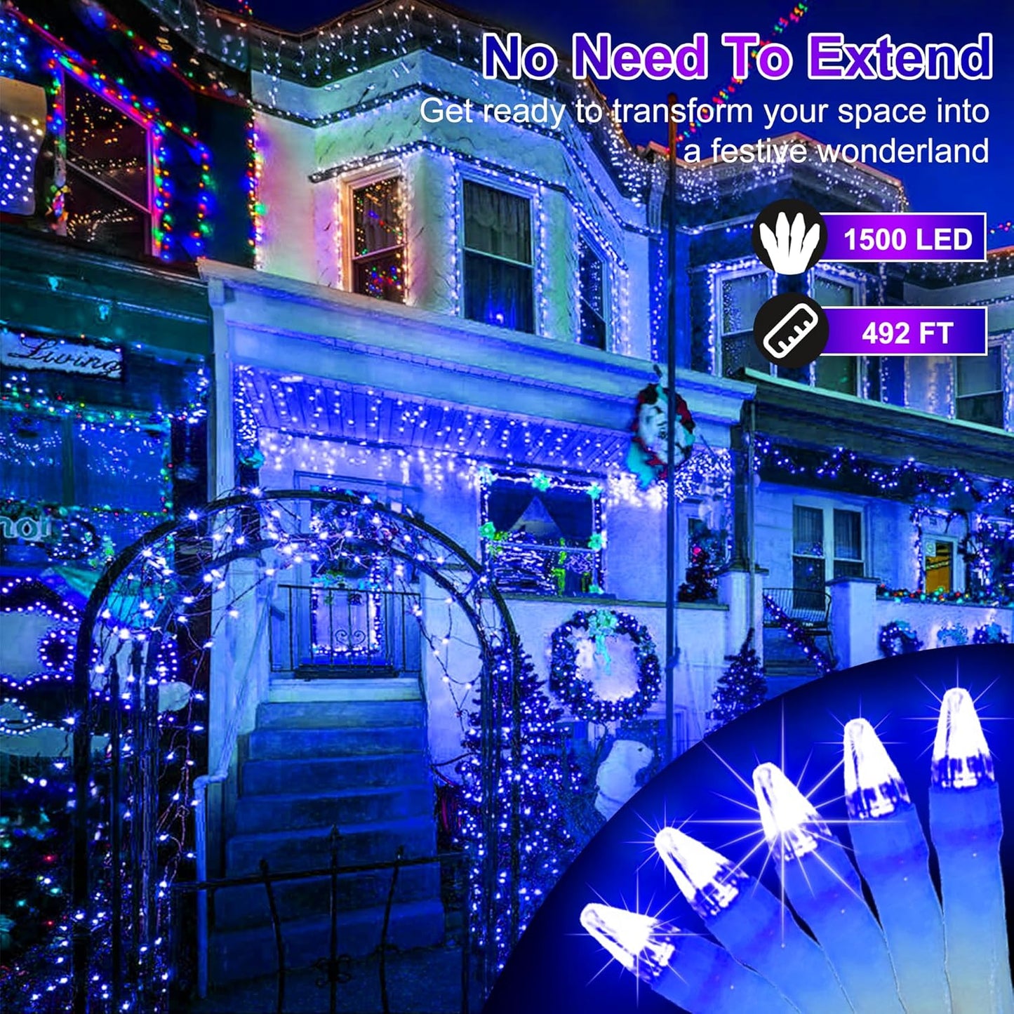 1500 LED Christmas Lights Outdoor Use, 492ft 8 Lighting Modes Fairy Lights for Outside, Christmas Tree Lights Outdoor IP44 Waterproof for Xmas Patio Yard Fence Deck Balcony Garden Decor Blue