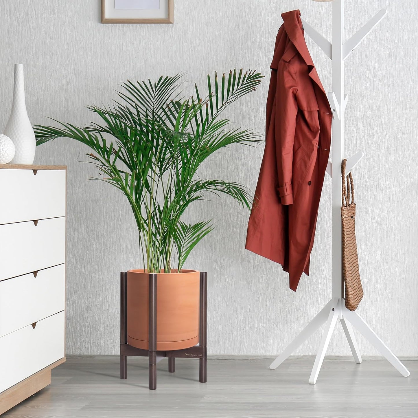 D'vine Dev Terracotta Planter with Walnut Color Stand - 12 Inch Modern Round Flower Pot with Wood Planter Holder, Terracotta, 55-B-W-5