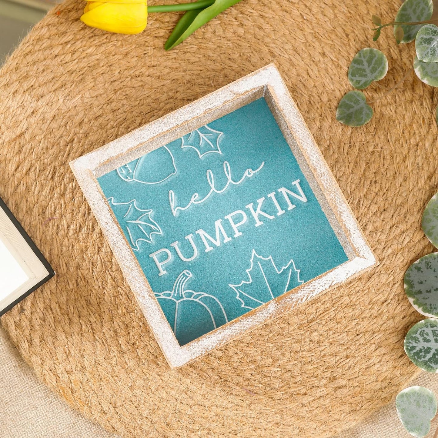Embossed Hello Pumpkin Sign, Rustic Fall Decorations for Home, Thanksgiving Centerpieces for Table Cubicle Desk Mantel Fireplace, Autumn Tiered Tray Decor
