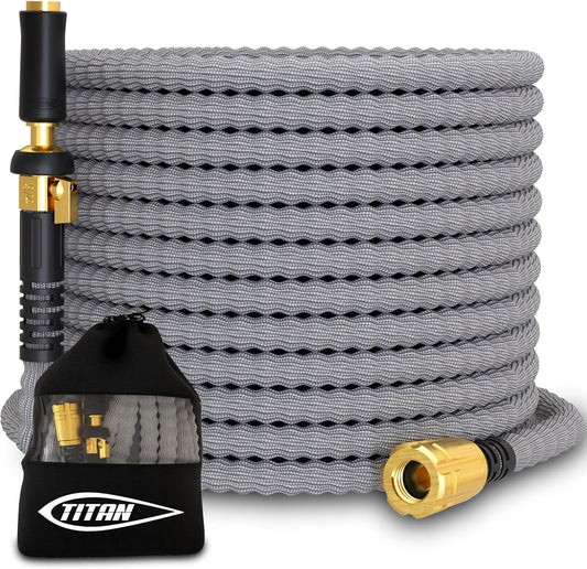 TITAN Flexible Garden Hose 30FT – Ultra Lightweight, Heavy Duty Water Hose with Brass Fittings & Jet Nozzle – Kink-Free, Non-Expanding, Durable Fabric Hose for Yard, Lawn, Car Wash, Outdoor Use