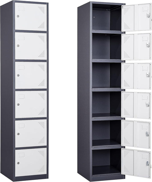 SISESOL Metal Locker Storage Cabinet with Doors and Shelves Metal Lockers with 6 Doors,71" Lockable Small Locker Storage Cabinet for Employees,School, Office, Home, Gym(White/Grey)