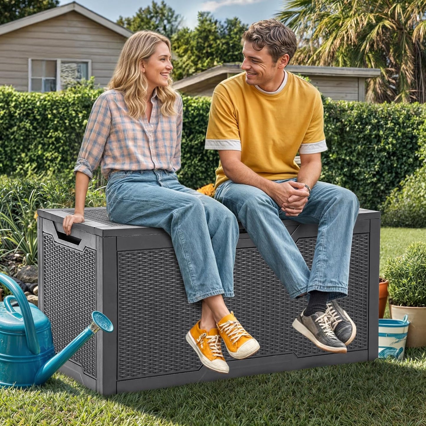 YITAHOME 100 Gallon Outdoor Storage Box, Large Water Resistant Resin Deck Box, Indoor Outdoor Lockable Storage Container for Patio, Garden, Cushions, Tools, Equipment (Dark Gray)