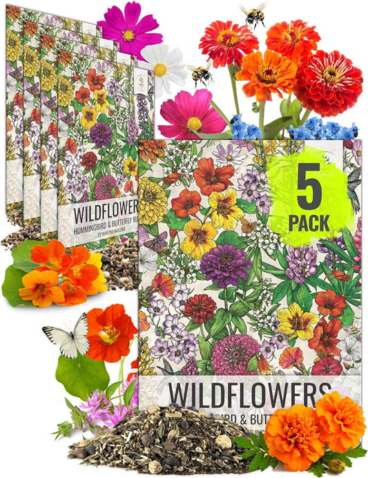Seed Needs Wildflower Seeds Hummingbird and Butterfly Seed Mix | 5 Packs (1 Ounce Each) No Filler 23 Varieties Garden Seeds Annual & Perennial Species | Pollinator Attracting Flower Seed | Bulk