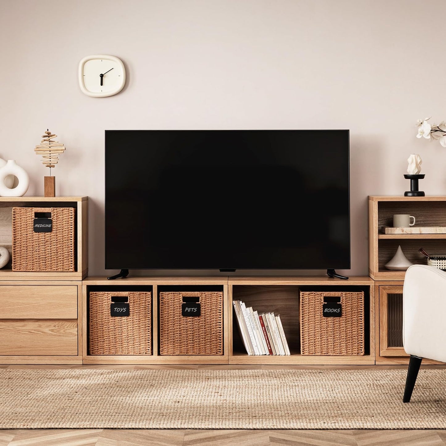 UBBCARE 4 Pack Wicker Basket, 13×13 Storage Cubes with Label, Foldable Cube Storage Bin with Handle, Square Storage Basket for Shelves, Woven Paper Rope Basket for Organizing, Caramel