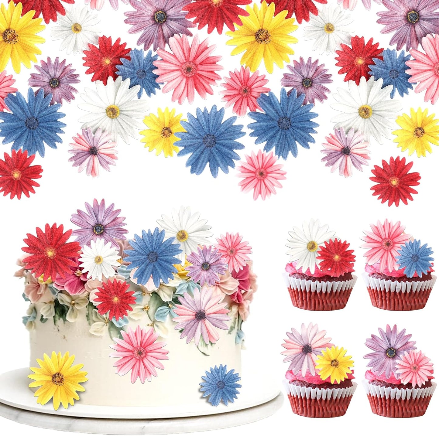 65 PCS Edible Daisy Cupcake Toppers Wafer Paper Flower Birthday Party Decorations Edible Sunflower Cupcake Picks for Baby Shower Wedding Birthday Party Cake Food Decorations Supplies Colorful