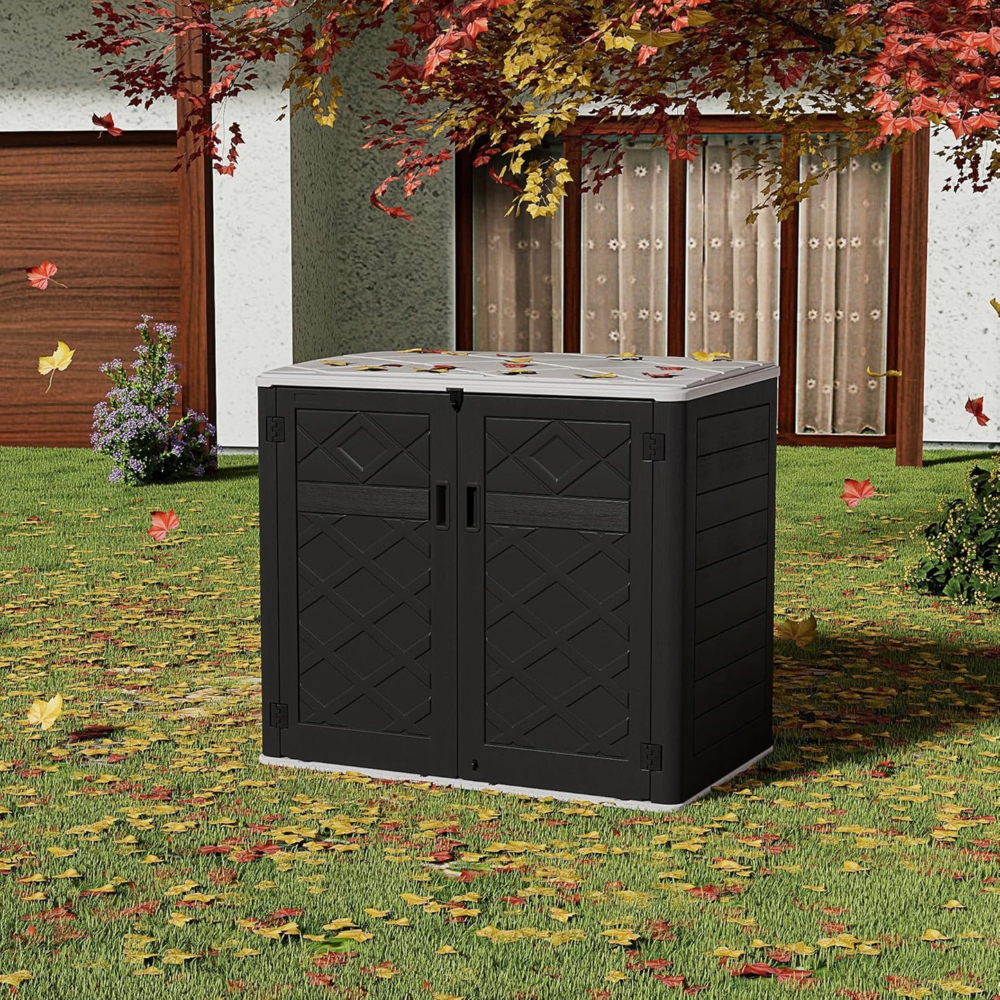 HOMSPARK Storage Shed Weather Resistance, Multi-Purpose Outdoor Storage Cabinet for Backyards and Patios, Horizontal Storage Shed for Lawnmower, Patio Accessories (Black & White, X Large - 48 cu.ft)